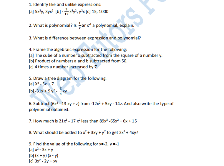 Algebraic Expressions Class 7 Maths Questions
