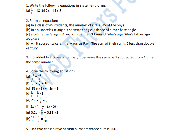 Simple Equation Maths Questions Class 7